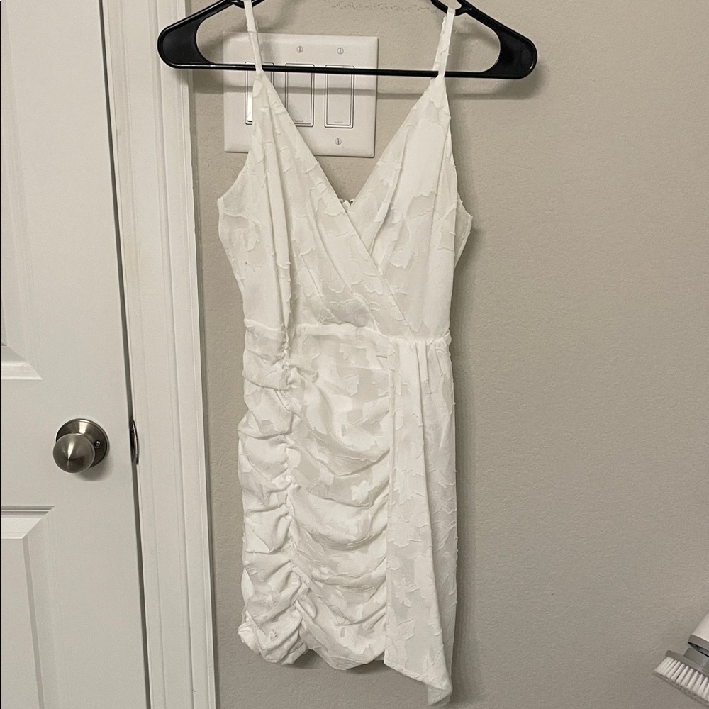 Lulu's Primped to Perfection White Floral Burnout Chiffon Ruched Dress